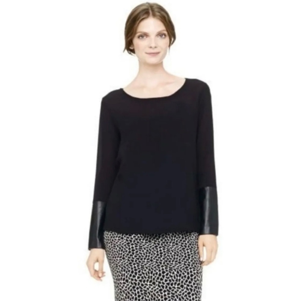 Club Monaco Black Silk Blouse with Leather Detail